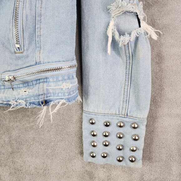 Womens BBJ Distressed Blue Denim Crop Jacket Studded Cuffs Full Zip Size S - Picture 6 of 11